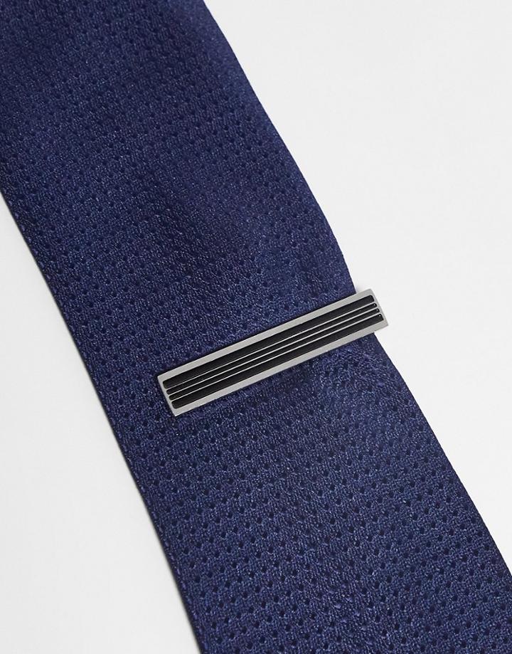 Asos Design Wedding Stainless Steel Tie Bar With Line Detail And Black Enamel In Silver Tone