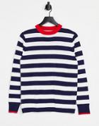 Gianni Feraud Crew Neck Sweater In Blue Stripe With Contrast Red Collar-multi