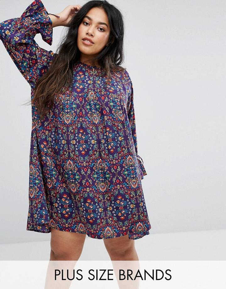 Rage Plus Tied Cuff Floral Smock Dress - Multi