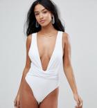 Asos Petite Plunge Ruched Front Swimsuit - White