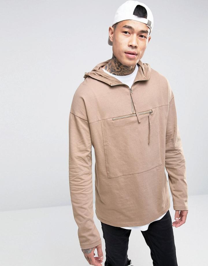 Asos Oversized Long Sleeve T-shirt With Hood And Kangaroo Pocket - Bro
