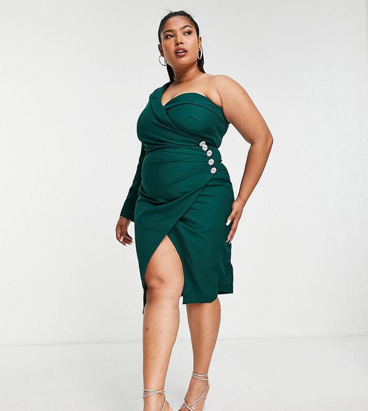 Lavish Alice Plus One Sleeve Wrap Midi Dress In Emerald Green