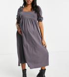 Asos Design Maternity Square Neck Gathered Puff Sleeve Midi Dress In Gray-grey