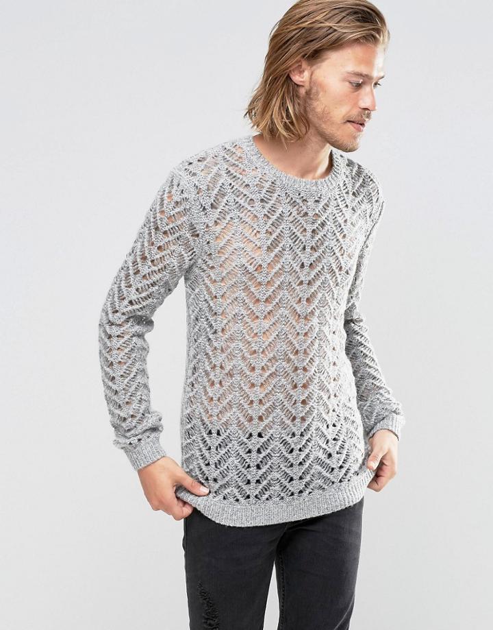 Asos Sweater In Knitted Lace Effect - Gray