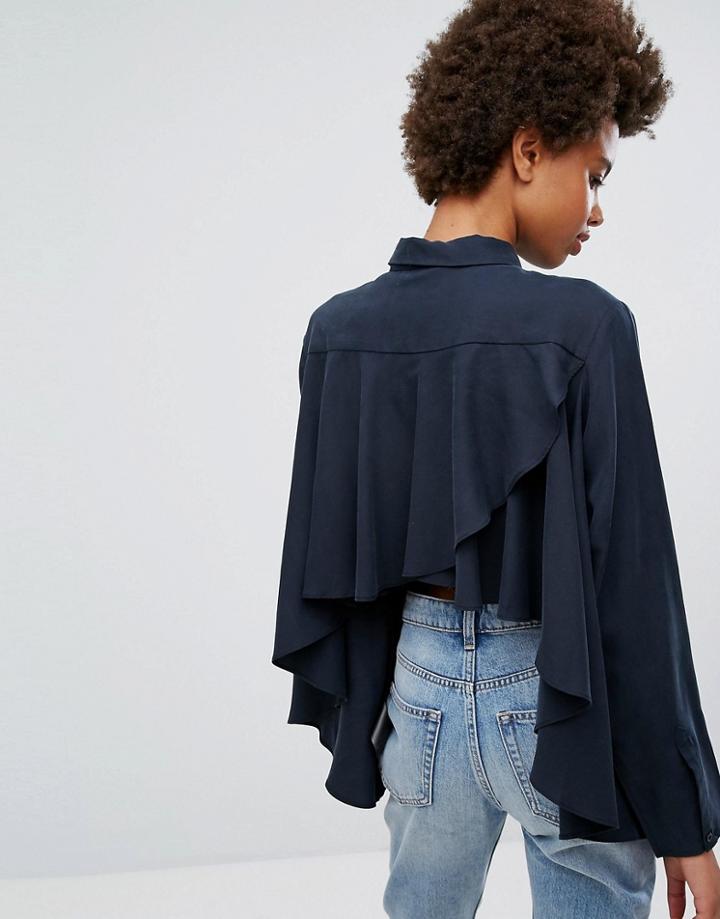 Weekday Cupro Peachy Feel Frill Back Shirt - Navy