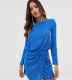Flounce London Midi Dress With Statement Shoulder In Cobalt With Sequins-blue