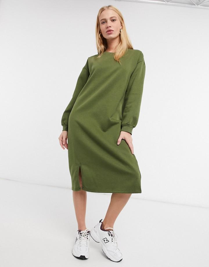 Urban Threads Midi Sweater Dress With Slit In Khaki-green
