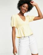 Asos Design Shirred Peplum Smock Top With Short Sleeve In Yellow