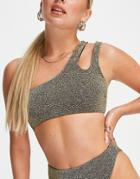 Asos Design Mix And Match One Shoulder Bikini Top In Black Gold Glitter