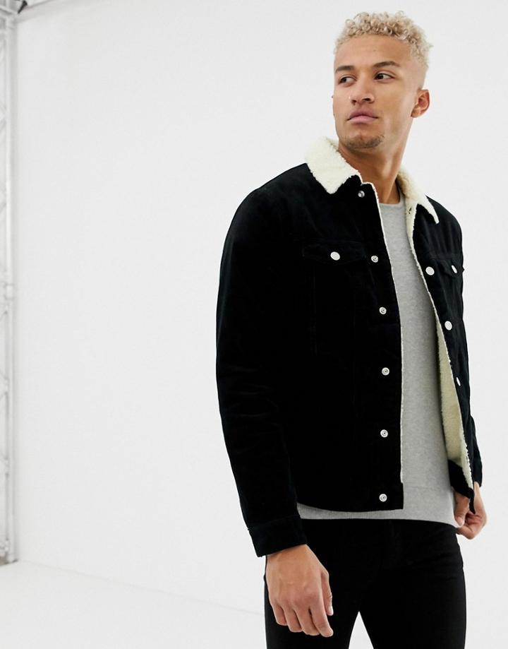 Pull & Bear Fleece Lined Cord Jacket In Black - Black