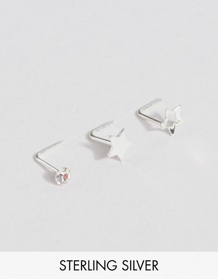 Asos Sterling Silver Pack Of 3 Star Nose Studs - Silver