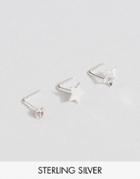 Asos Sterling Silver Pack Of 3 Star Nose Studs - Silver
