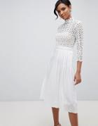 Little Mistress 3/4 Sleeve Lace Top Pleated Midi Dress - White