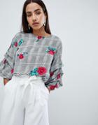 Ax Paris Long Sleeve Top In Rose Print - Black