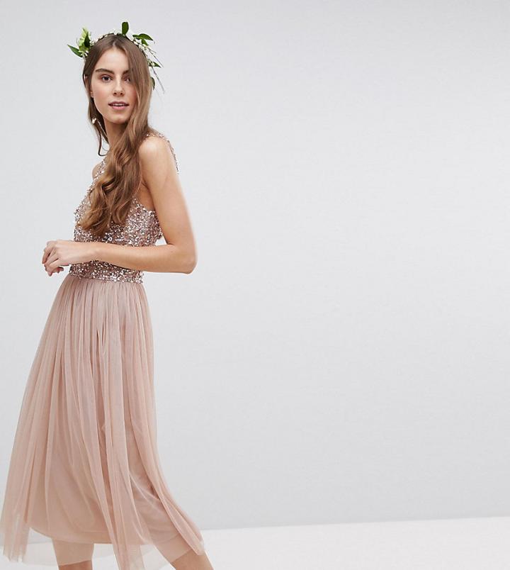 Maya Tall Sleeveless Sequin Bodice Tulle Detail Maxi Bridesmaid Dress With Cutout Back - Brown