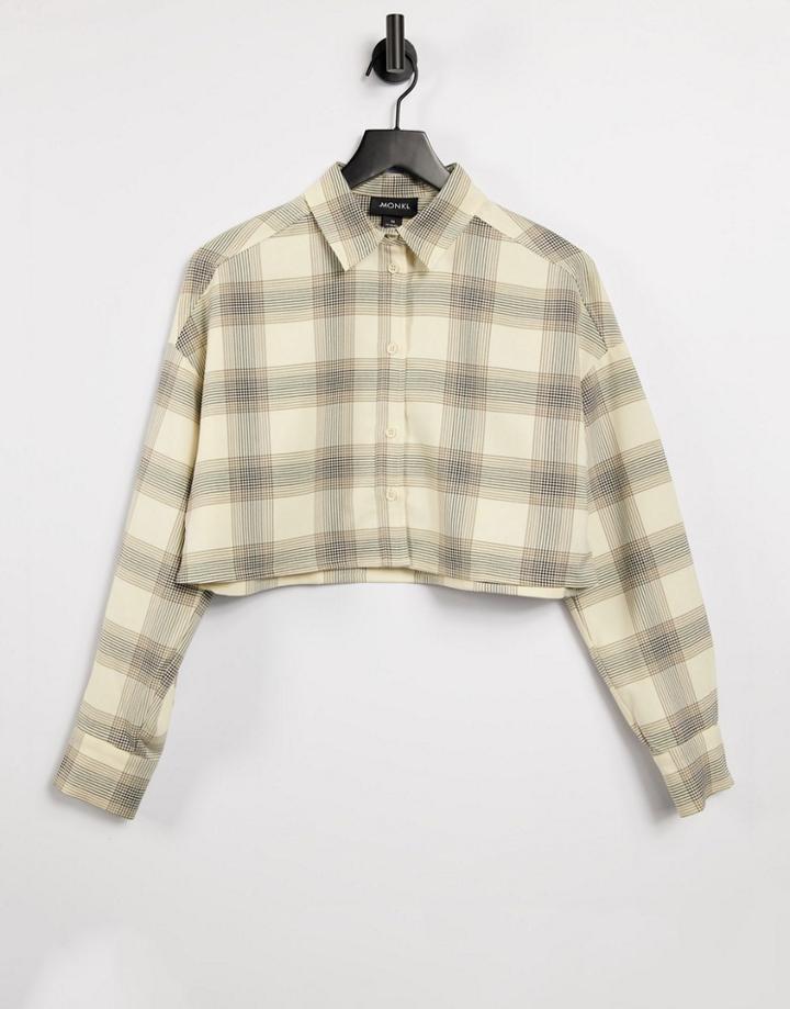 Monki Kelis Plaid Print Cropped Shirt In Beige-neutral