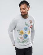 Asos Knitted Sweater With Floral Embroidery In Gray - Gray