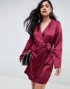 Asos Design Satin Mini Tux Dress With Piping Detail - Red