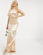 Tfnc Bridesmaid Satin Halterneck Fishtail Maxi Dress In Champagne-gold