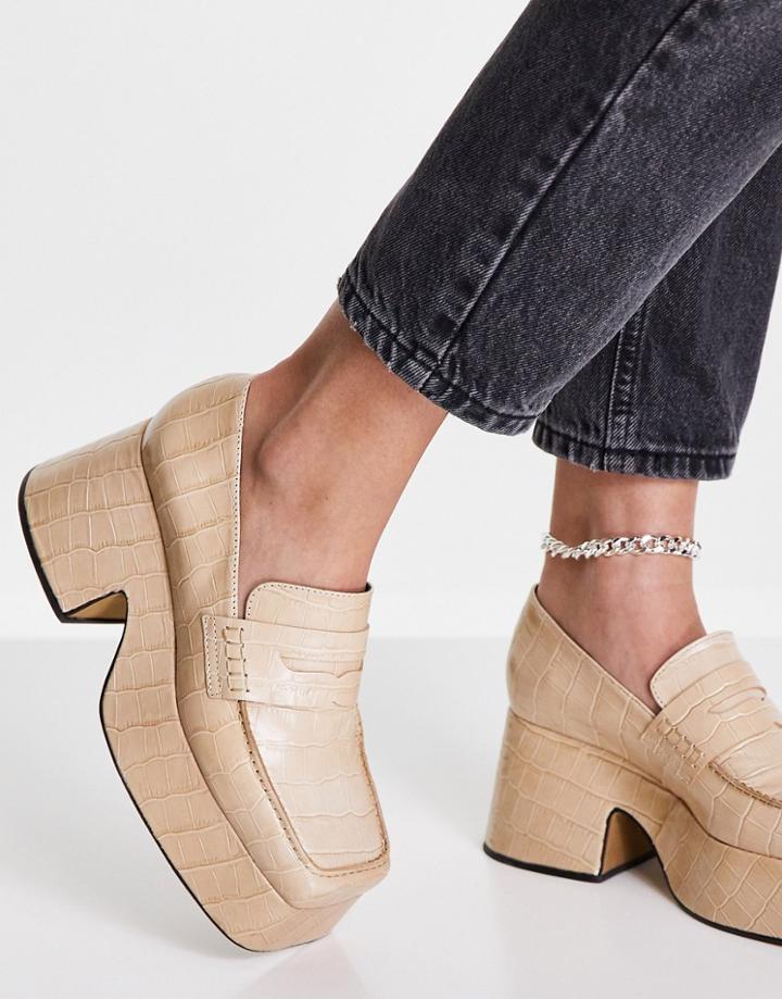 Topshop Fox Square Toe Heeled Loafer In Off White Croc