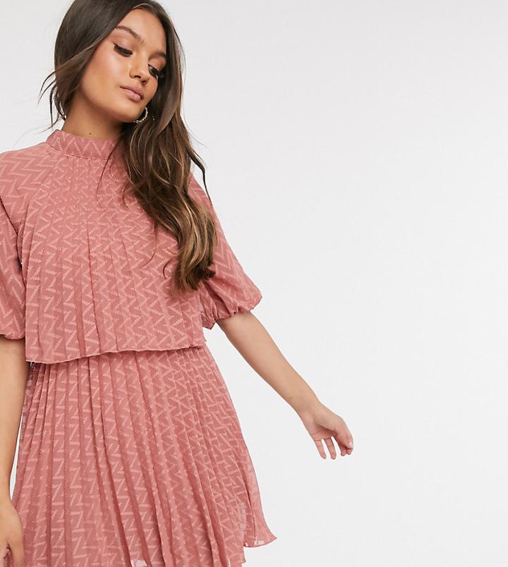 Asos Design Petite High Neck Pleated Double Layer Mini Dress In Chevron Texture In Tea Rose-pink