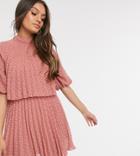 Asos Design Petite High Neck Pleated Double Layer Mini Dress In Chevron Texture In Tea Rose-pink