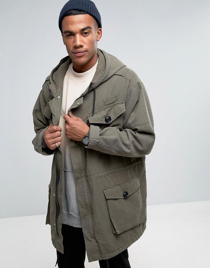 Asos Multi Pocket Parka In Washed Khaki - Green