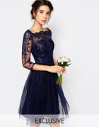 Chi Chi London Bardot Neck Midi Dress With Premium Lace And Tulle Skirt - Navy