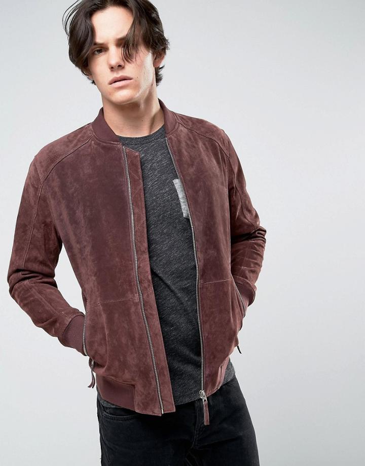 Esprit Suede Bomber Jacket In Bordeaux - Red