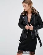 New Look Leather Look Biker Jacket Leopard Print Collar - Black