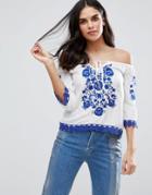 Parisian Printed Off The Shoulder Embroidered Top - White
