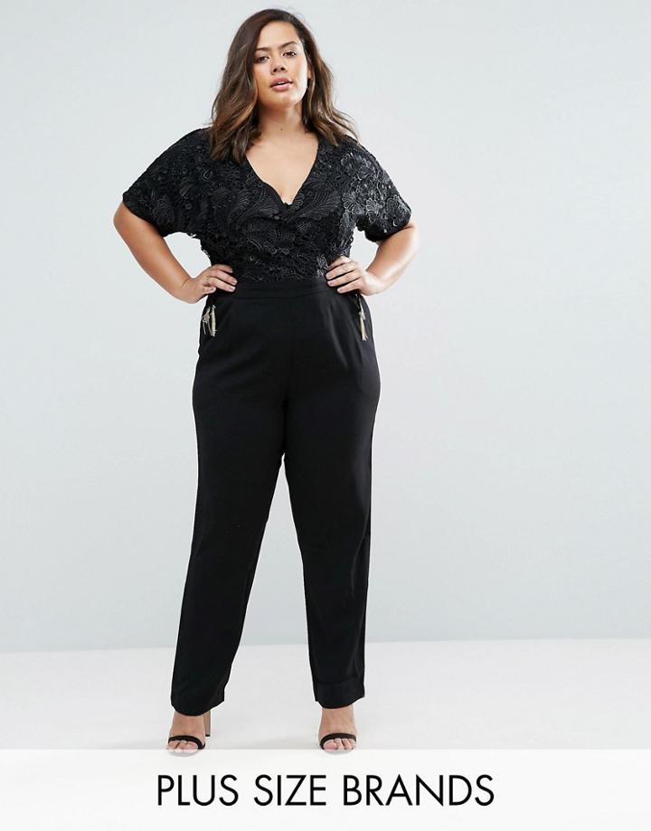 Elvi Plus Jumpsuit With Lace Top - Black
