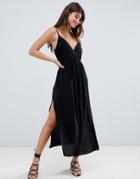 Asos Design Cami Wrap Plisse Maxi Dress - Black