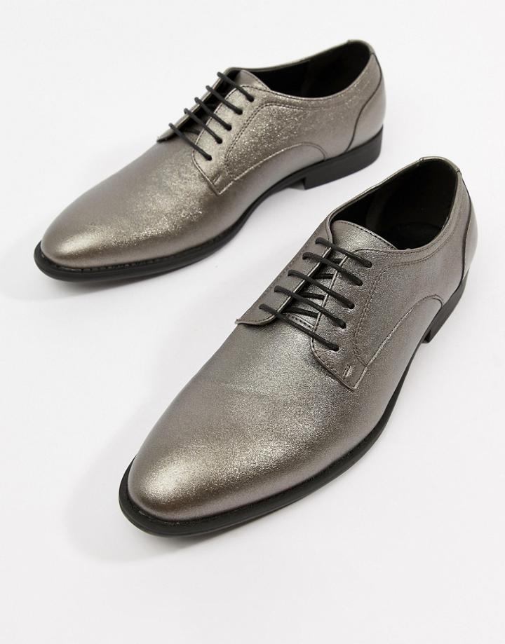 Asos Design Lace Up Dress Shoes In Silver Faux Leather - Silver