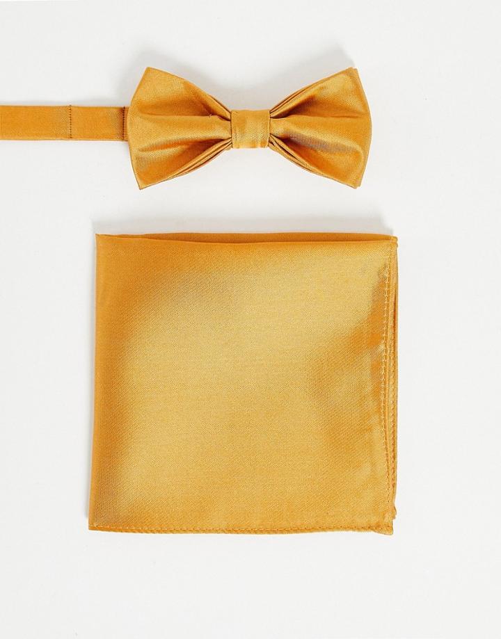 Devils Advocate Wedding Plain Satin Bow Tie And Pocket Square-gold
