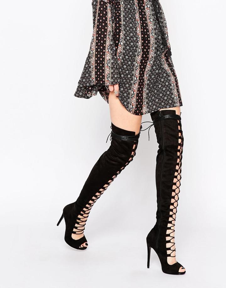 Daisy Street Black Thigh High Lace Up Boots - Black