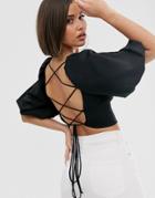 Asos Design Sweetheart Twist Front Top In Scuba With Puff Sleeve And Tie Back-black