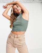 Asos Design Crop Tank With Racer Front And Turtle Neck In Rib In Olive Set-green