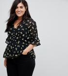 Influence Plus Hook And Eye Front Floral Blouse - Black