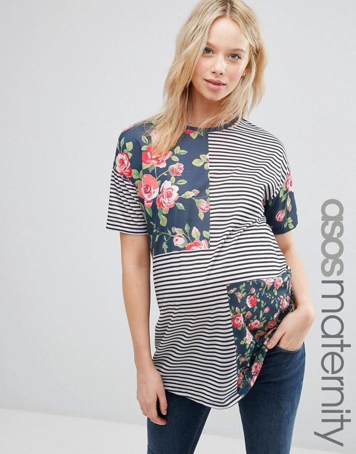 Asos Maternity T-shirt In Stripe And Floral Mix - Multi