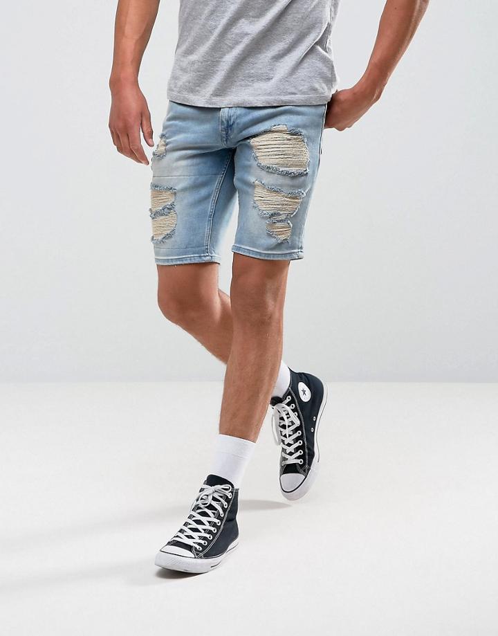 Asos Denim Shorts In Slim Mid Wash Blue With Heavy Rip And Repair - Blue