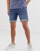 Asos Design Slim Denim Shorts In Dark Wash-blue