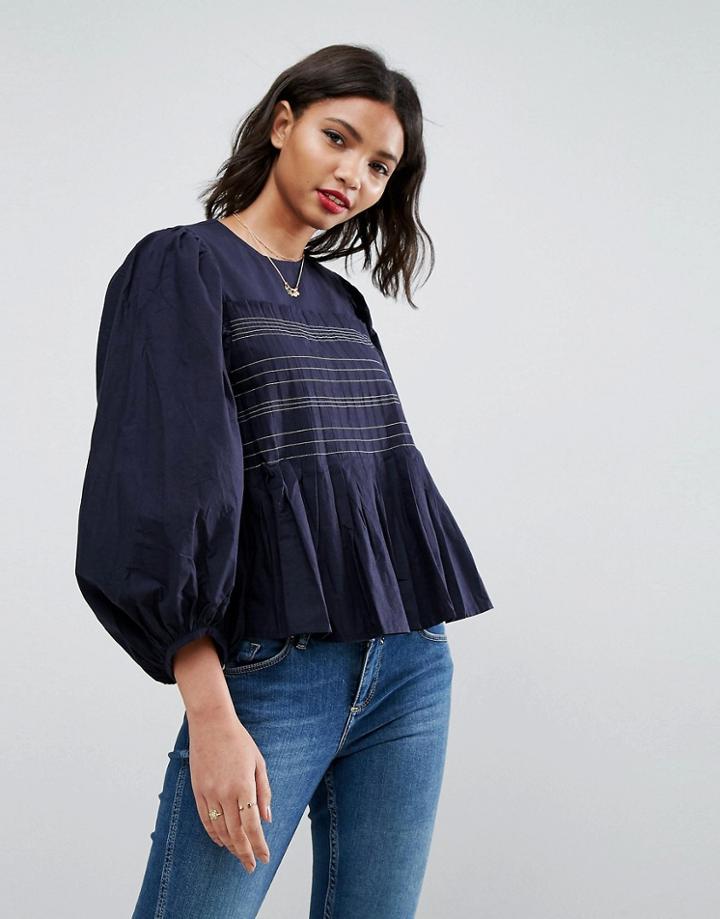 Asos Design Pleat Detail Long Sleeve Top With Contrast Stitching-navy