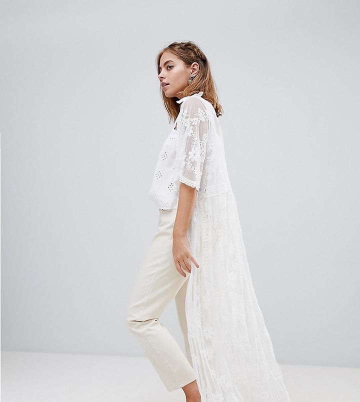 Sisters Of The Tribe Petite Kimono In Floral Lace - Cream