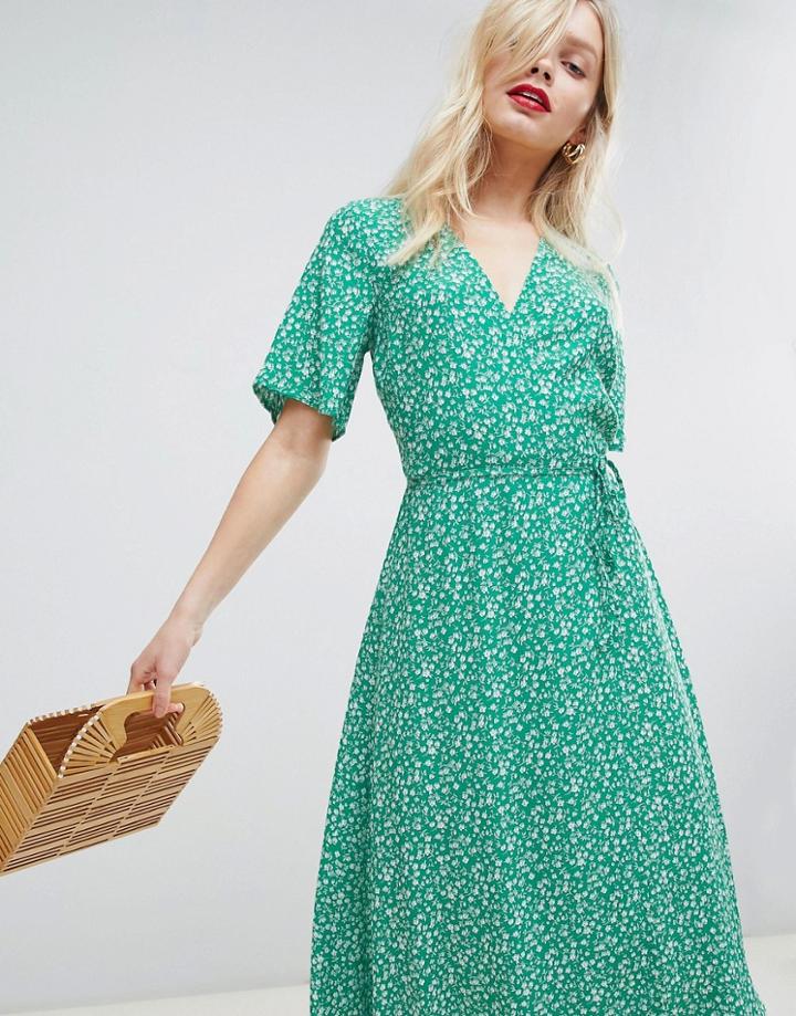 New Look Print Wrap Midi Dress - Green