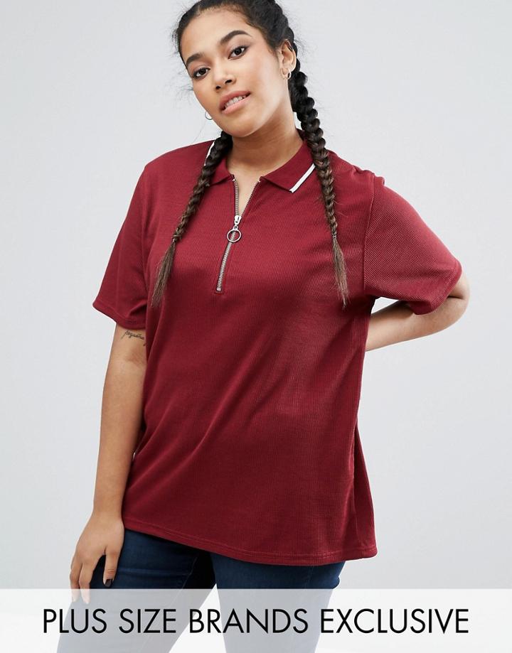 Daisy Street Plus Polo Shirt With Zip Detail - Red