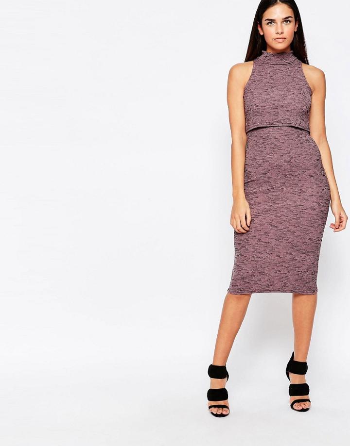 Love High Neck Rib Midi Dress - Pink Marl