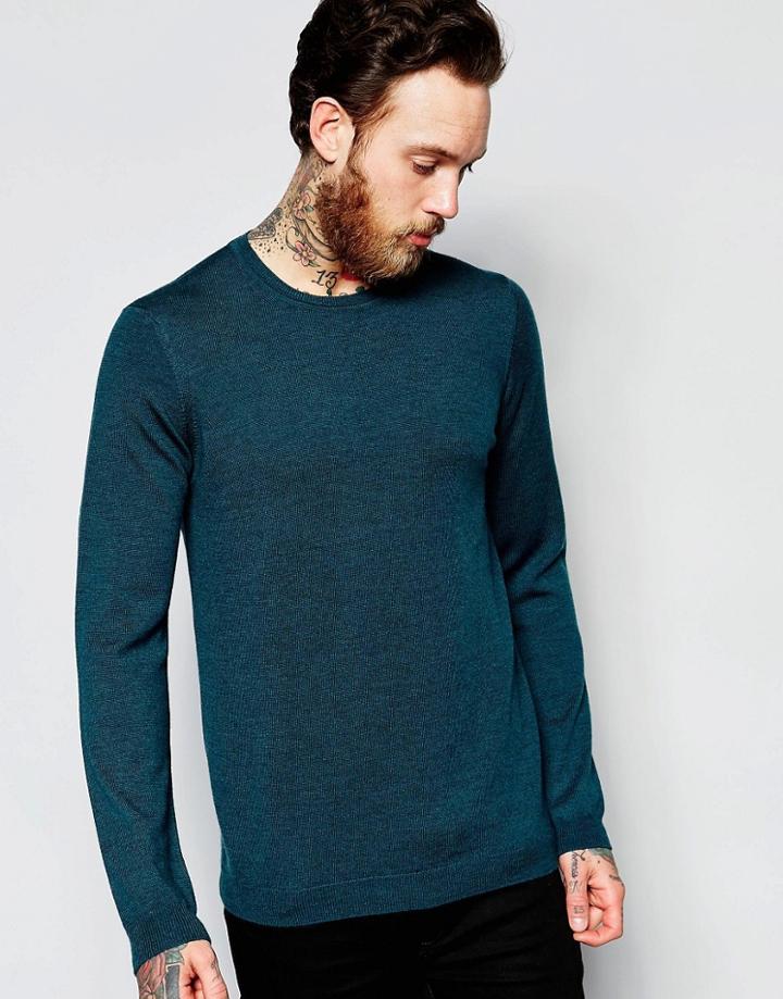Asos Merino Wool Crew Neck Sweater In Green - Teal