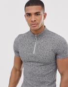 Asos Design Muscle T-shirt With Turtle Zip Neck In Interest Rib In Gray