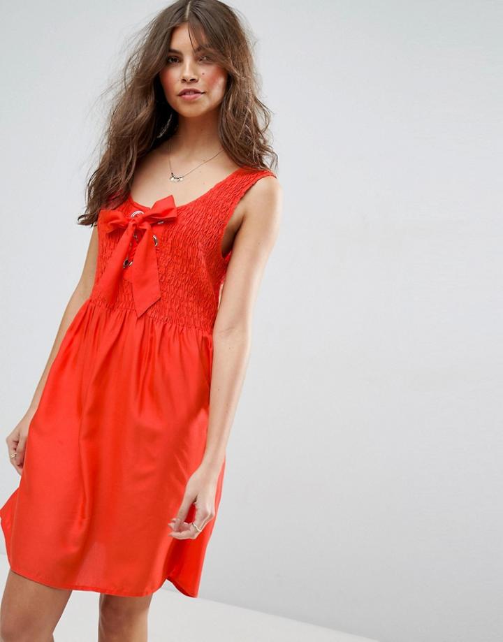 Asos Shirred Sundress With Eyelet Detail - Orange